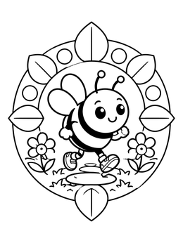 A cheerful bee coloring page showing a round bumblebee jogging outdoors in sneakers.