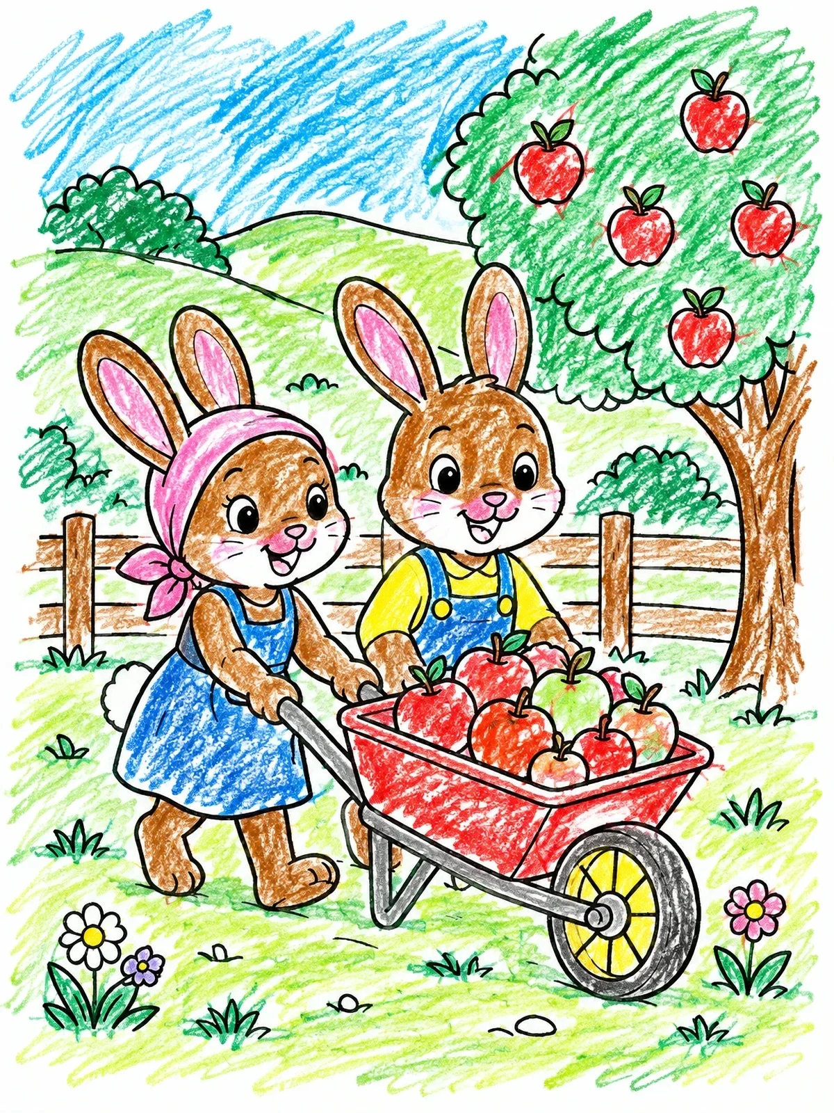 Colored example of the Cute Bunnies With Apple Wheelbarrow coloring page