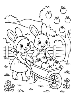 Free printable Cute Bunnies With Apple Wheelbarrow coloring page