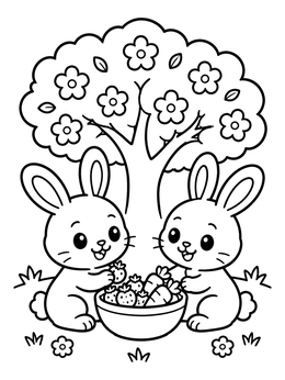 Free printable Cute Bunnies Having A Berry Picnic coloring page