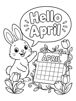 A cheerful bunny greeting spring beside a calendar in this april coloring page.
