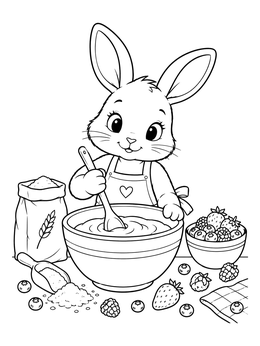 A sweet bunny stirs batter on this delightful kitchen coloring page surrounded by berries and flour.