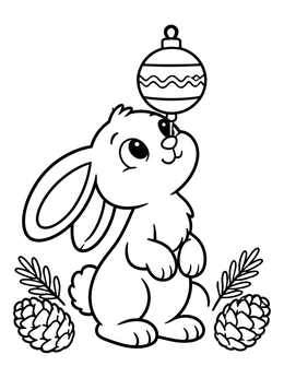 A playful christmas bunny coloring page featuring a rabbit balancing an ornament on its nose.
