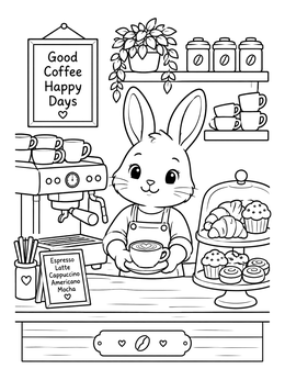 A sweet bunny barista serving latte art in this charming coffee coloring page.