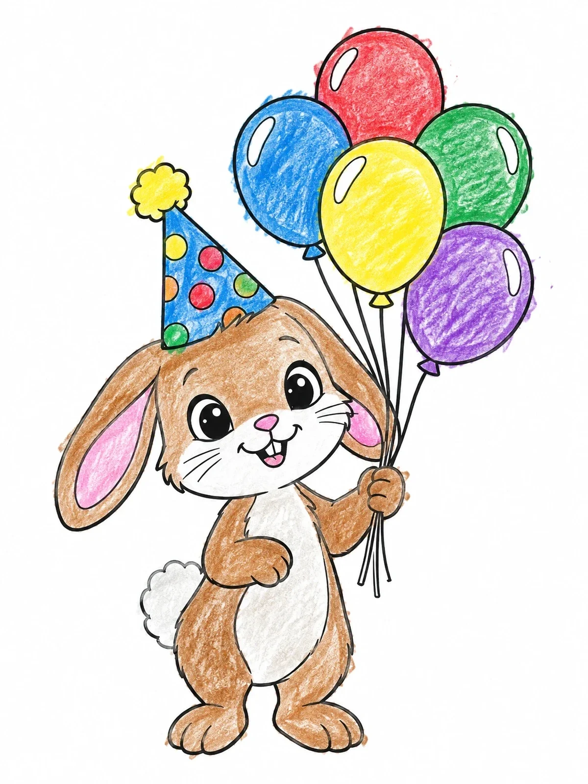 Colored example of the Cute Bunny With Birthday Balloons coloring page