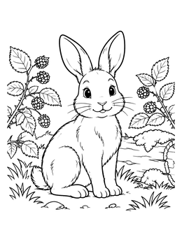 A sweet bunny coloring page sitting in a meadow surrounded by wild blackberry branches.