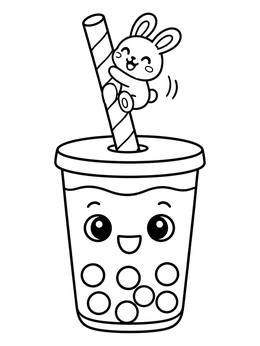 A cheerful bunny slides down a striped straw into a cup in this boba coloring page.