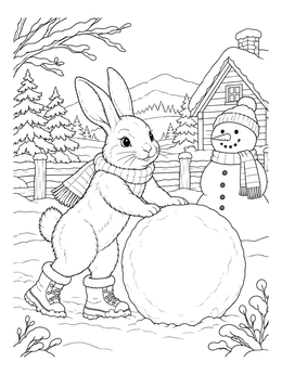 A winter animals coloring page featuring a bunny in boots and scarf rolling a giant snowball beside a snowman.