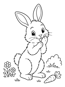 A sweet little bunny coloring page showing a rabbit licking its front paws outdoors.