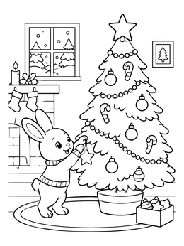 Free printable Cute Bunny Decorating Christmas Tree coloring page