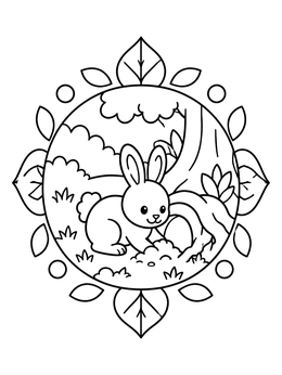 A cute bunny coloring page showing a rabbit digging near a tree root inside a leafy frame.