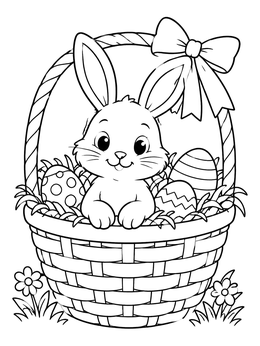 A sweet easter bunny coloring page showing a cute rabbit sitting in a woven basket with patterned eggs.