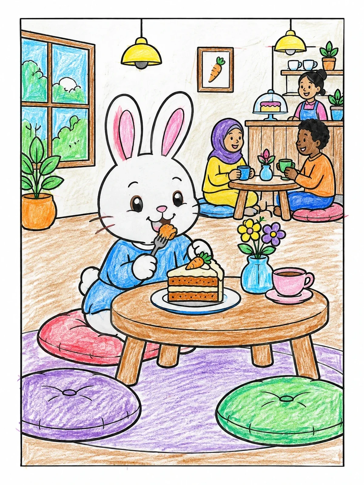 Colored example of the Cute Bunny Eating Cake At Cafe coloring page