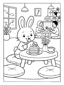 Free printable Cute Bunny Eating Cake At Cafe coloring page