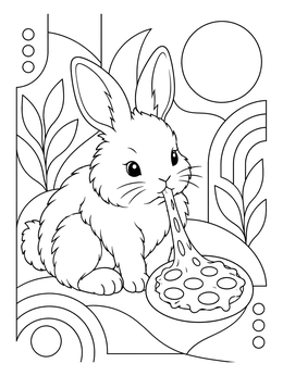 A fluffy bunny enjoying stretchy cheese on this cute pizza coloring page.