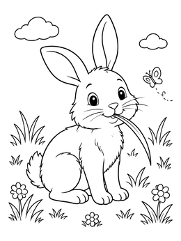 A cheerful bunny coloring page featuring a rabbit munching grass beside a butterfly.