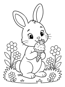 An adorable ice cream coloring page featuring a bunny enjoying a strawberry cone in a flower patch.