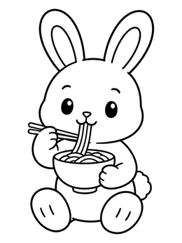 A cute bunny coloring page featuring a little rabbit happily eating a bowl of noodles with chopsticks.