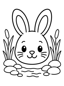 A simple bunny coloring page showing a smiling rabbit face framed by stones and reeds.