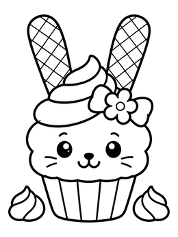 A sweet bunny face cupcake coloring page with wafer ears and a flower bow.