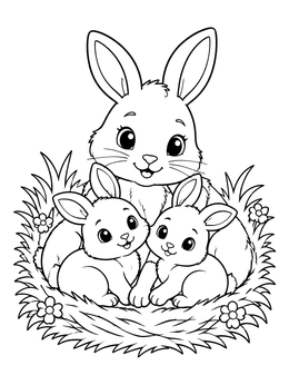 A mother and baby rabbits sit in grass on this bunny coloring page.