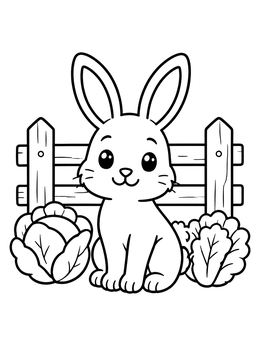 A sweet little bunny coloring page by a garden fence and lettuce.