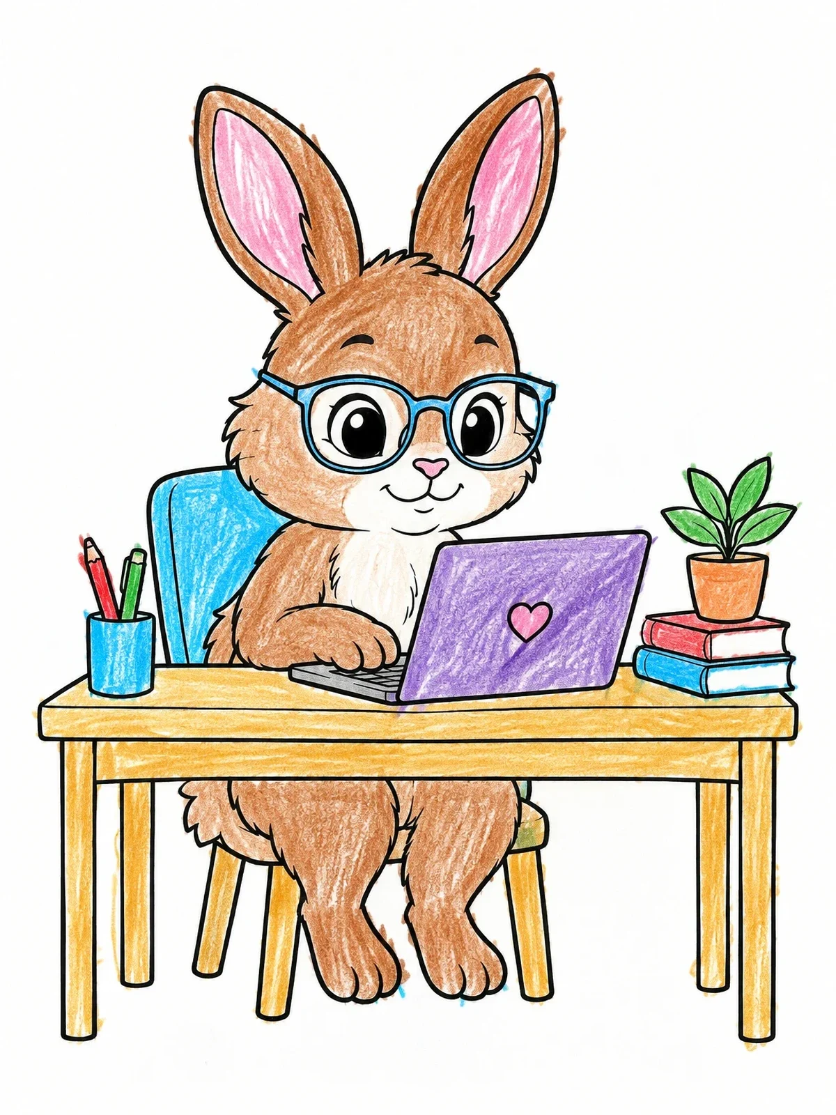 Colored example of the Cute Bunny At Desk With Laptop coloring page