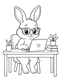 Free printable Cute Bunny At Desk With Laptop coloring page