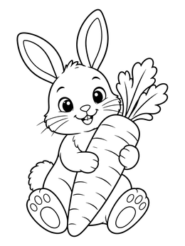 A sweet little bunny smiles on this carrot coloring page while holding a giant vegetable.