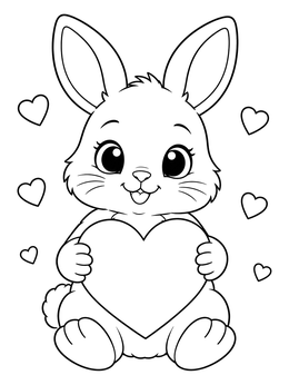 An adorable bunny holds a big heart surrounded by floating hearts in this heart coloring page.
