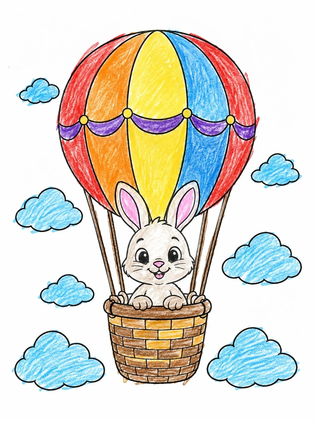 Colored example of the Cute Bunny In A Hot Air Balloon coloring page
