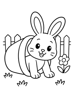 A cheerful bunny coloring page featuring a rabbit peeking out of a flowerpot in a garden.