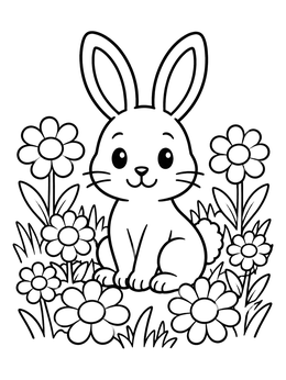 A daisy flower coloring page featuring a cute bunny sitting among blooming blossoms.