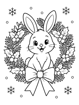 A cheerful christmas bunny coloring page framed by a holiday wreath with a big bow.