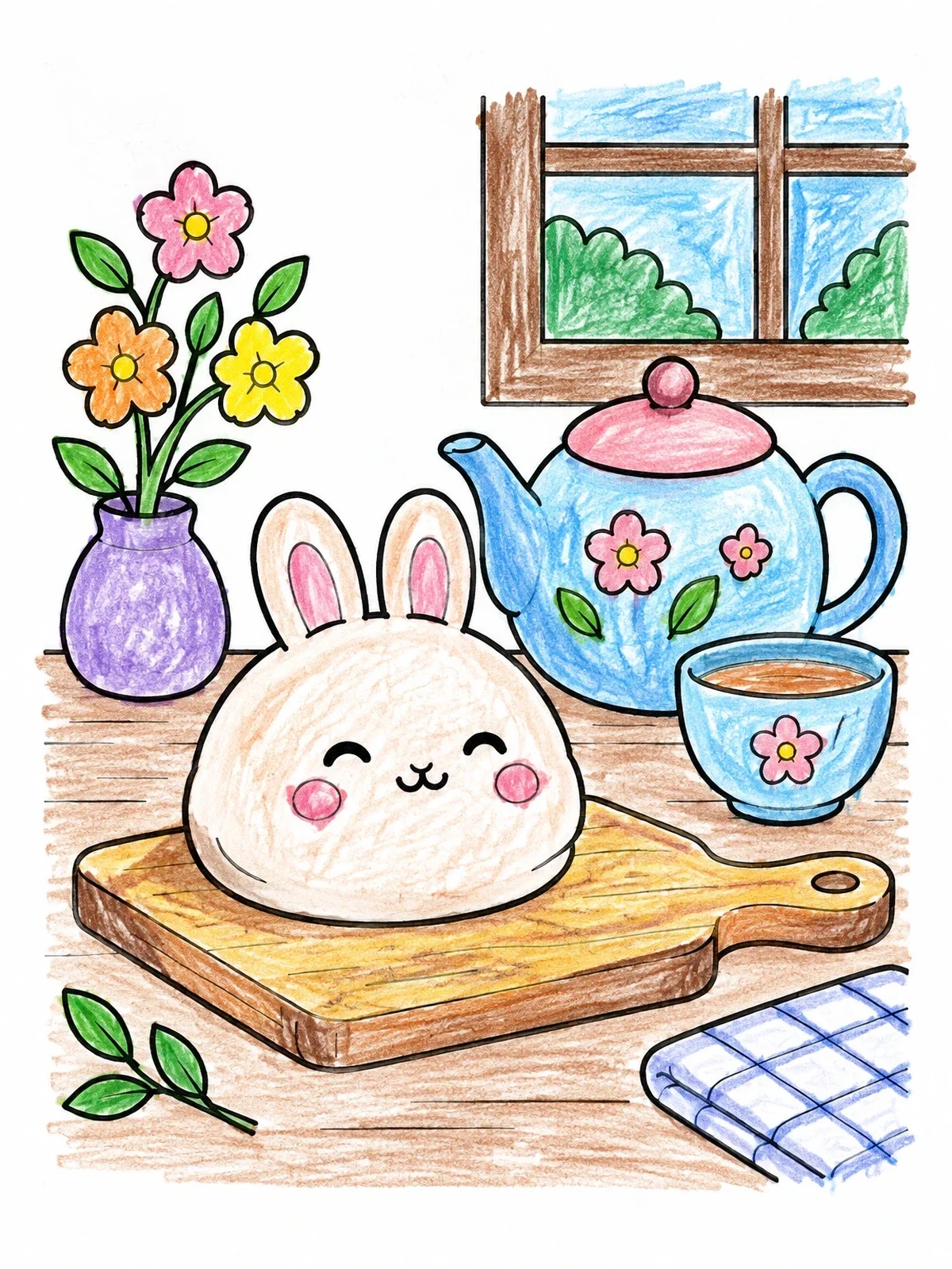 Colored example of the Cute Bunny Mochi With Tea coloring page