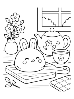 A happy bunny mochi coloring page served on a wooden board next to a teapot and teacup.