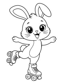 A happy cartoon bunny balances on one foot in this roller skating coloring page.
