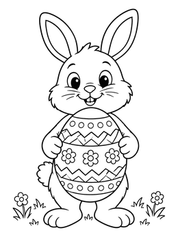 A cheerful bunny holds a decorated egg in this cute easter egg coloring page.