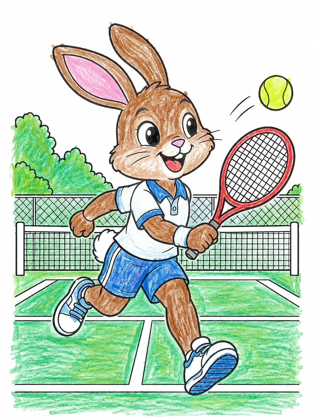 Colored example of the Cute Bunny Playing Tennis On Court coloring page