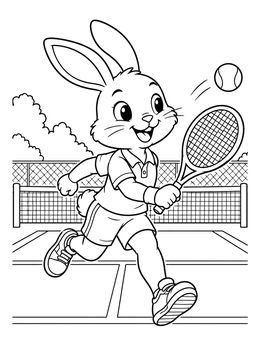 A cheerful cartoon bunny holding a racket in this tennis coloring page.
