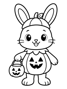 A cheerful bunny coloring page featuring a rabbit wearing a pumpkin costume with a candy bucket.