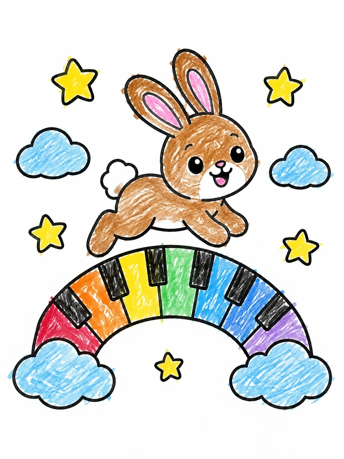 Colored example of the Cute Bunny On Rainbow Piano coloring page