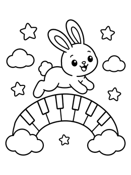Free printable Cute Bunny On Rainbow Piano coloring page