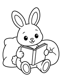 A cute bunny coloring page showing a rabbit sitting by pillows and reading an open book.