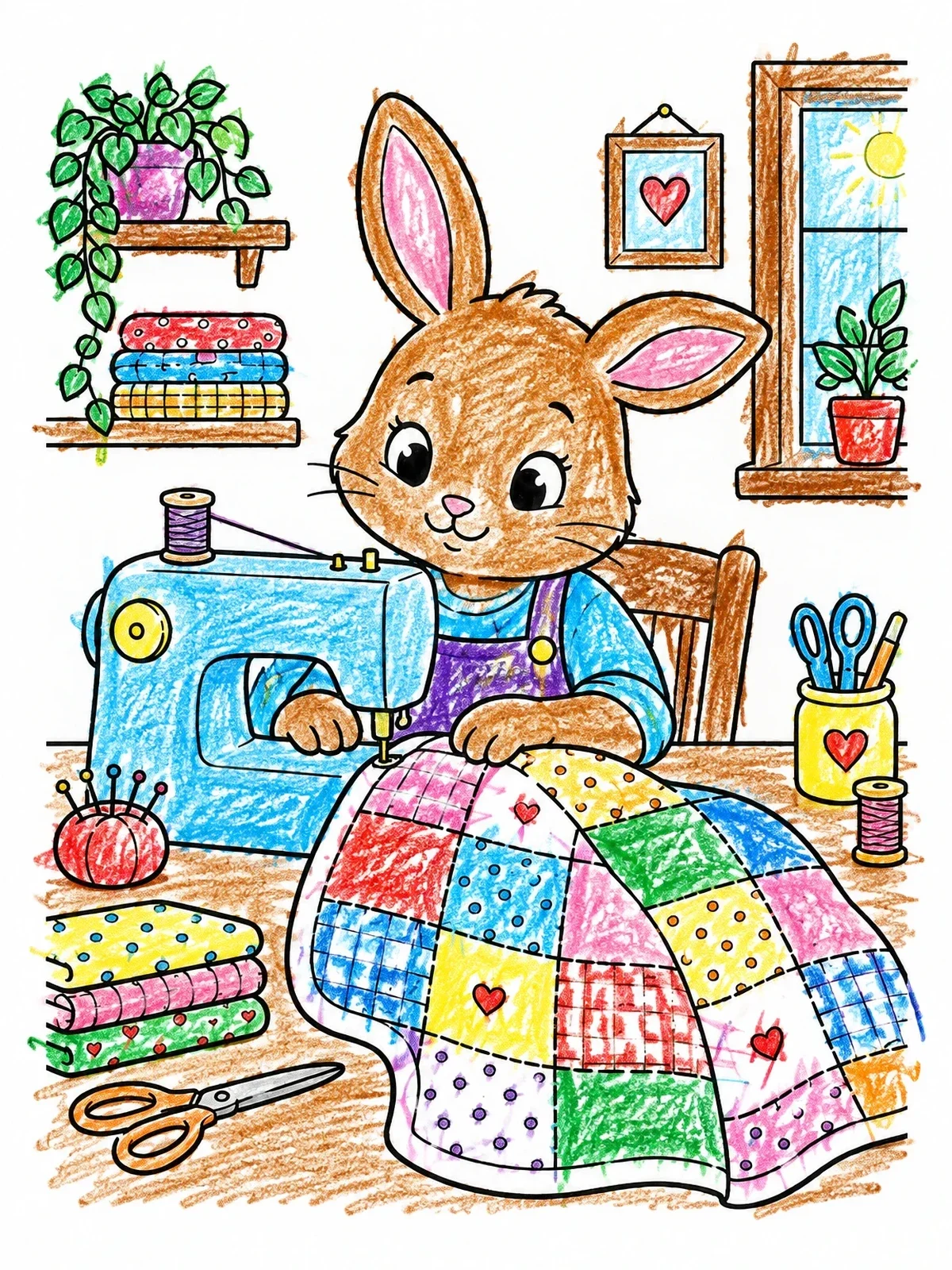 Colored example of the Little Bunny Sewing A Patchwork Quilt coloring page
