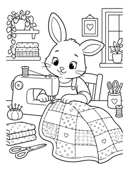 Free printable Little Bunny Sewing A Patchwork Quilt coloring page