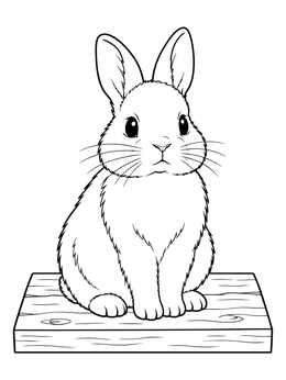 A sweet bunny coloring page showing a rabbit sitting upright on a rustic wood board.