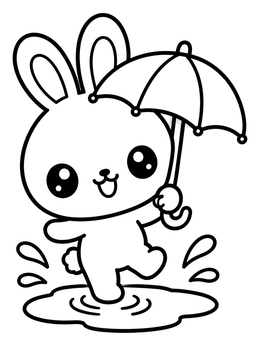 A cute bunny coloring page featuring a happy rabbit splashing in a puddle with an umbrella.