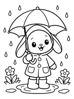 Free printable Cute Bunny In The Spring Rain coloring page