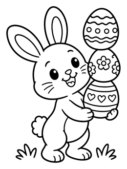 A cheerful bunny balancing a tall stack on this easter eggs coloring page.